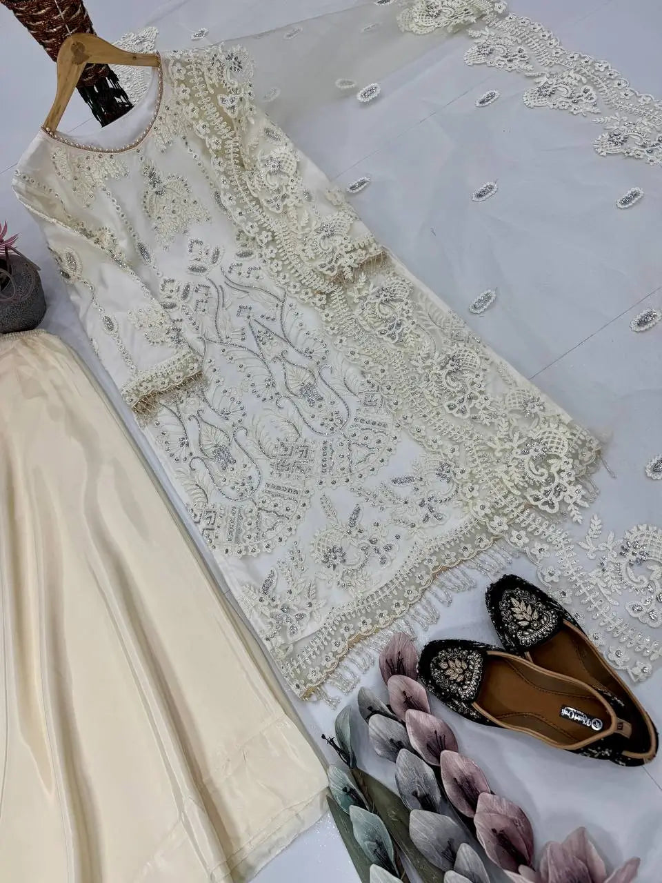 Embroidered Soft Net Palazzo Suit with Dupatta
