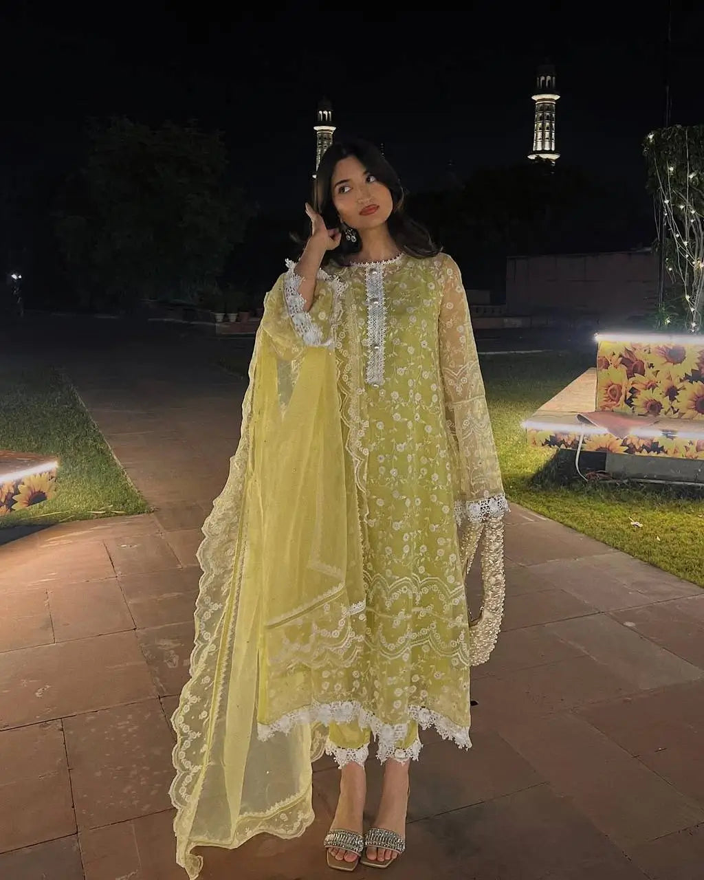 Embroidered Soft Net Palazzo Suit with Dupatta
