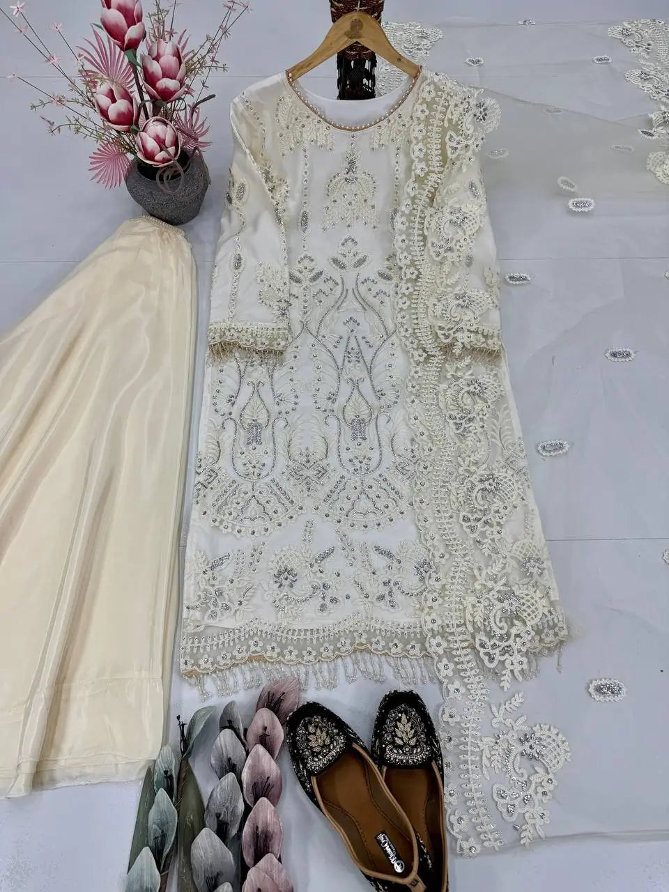 Embroidered Soft Net Palazzo Suit with Dupatta