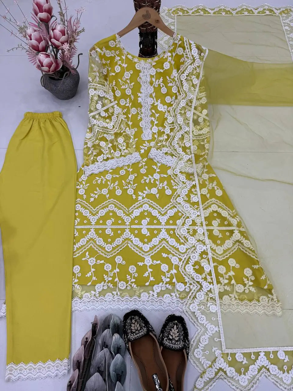 Embroidered Soft Net Palazzo Suit with Dupatta