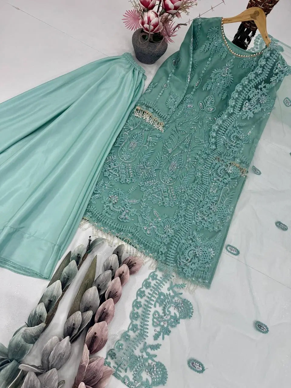 Embroidered Soft Net Palazzo Suit with Dupatta