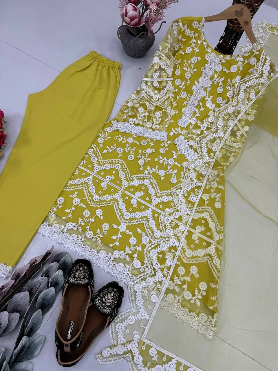 Embroidered Soft Net Palazzo Suit with Dupatta