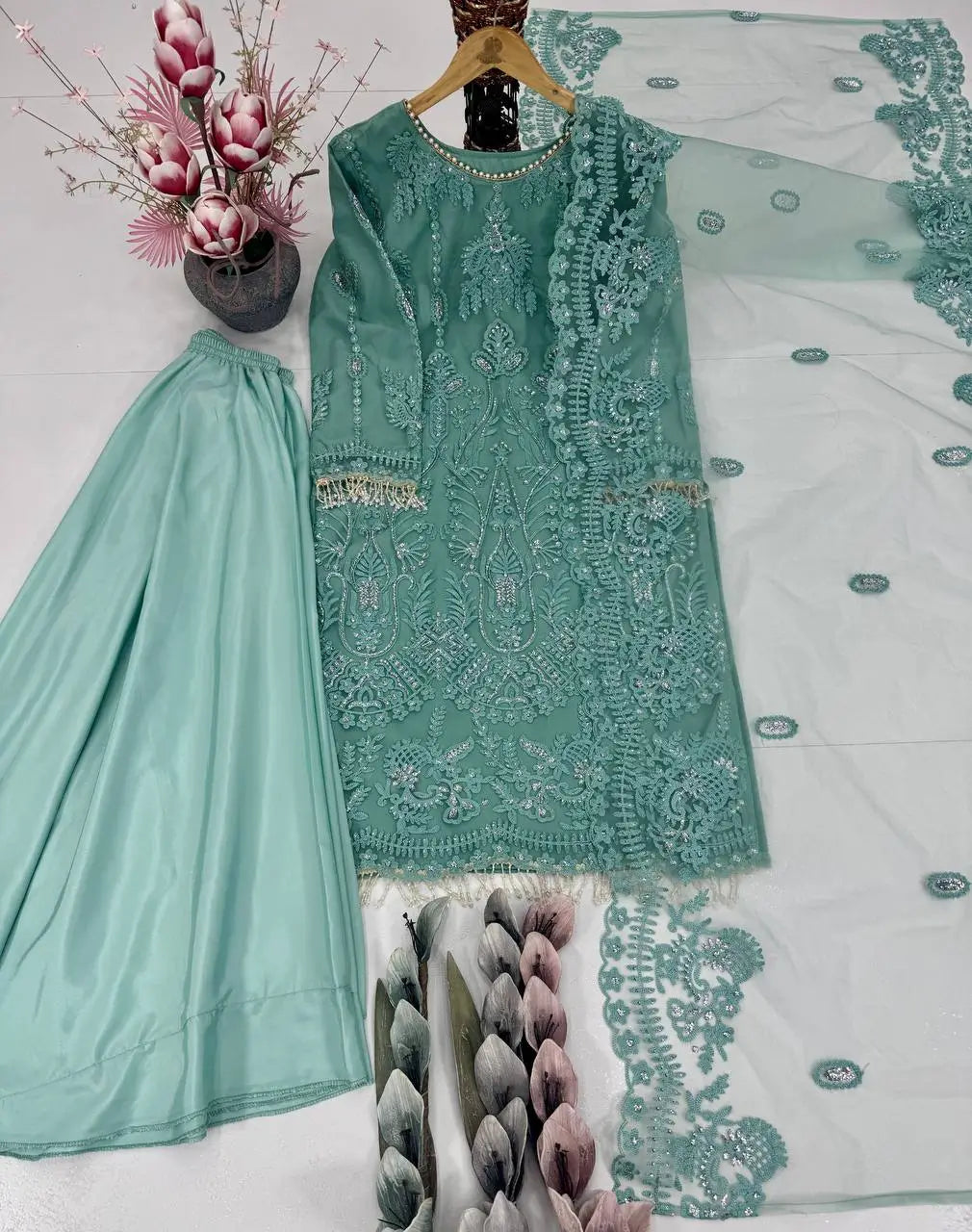 Embroidered Soft Net Palazzo Suit with Dupatta