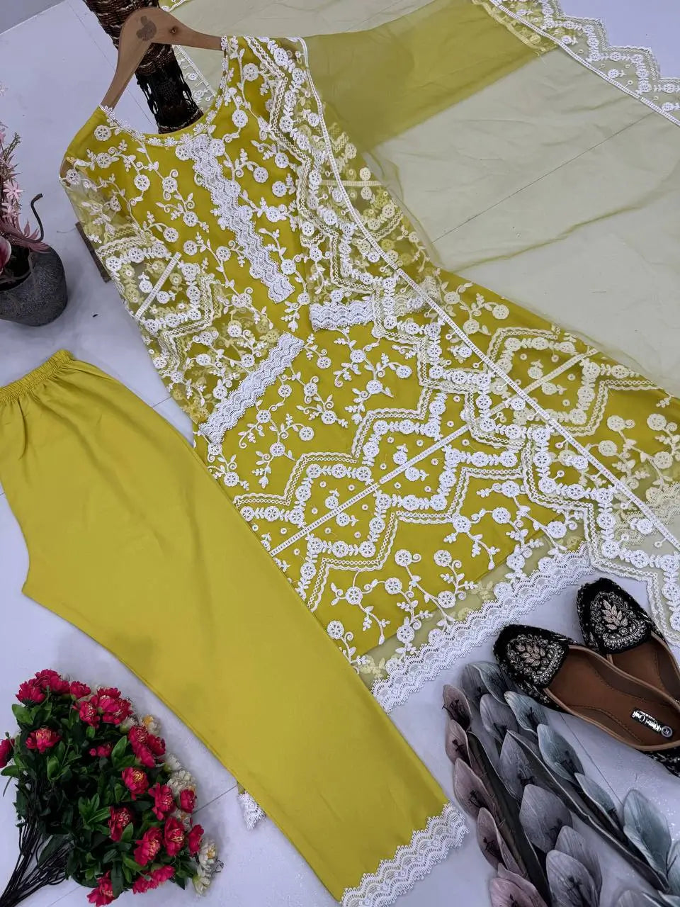Embroidered Soft Net Palazzo Suit with Dupatta