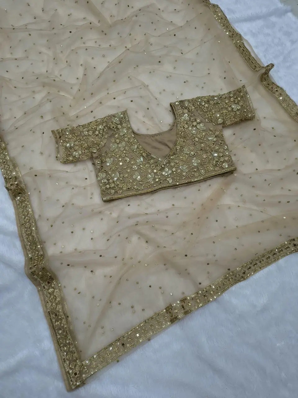 Embroidered Soft Net Saree with Mirror Work Blouse