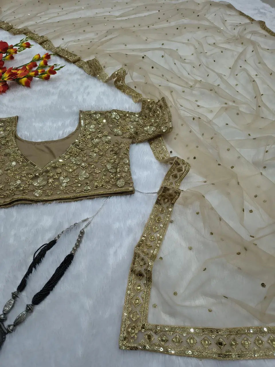 Embroidered Soft Net Saree with Mirror Work Blouse