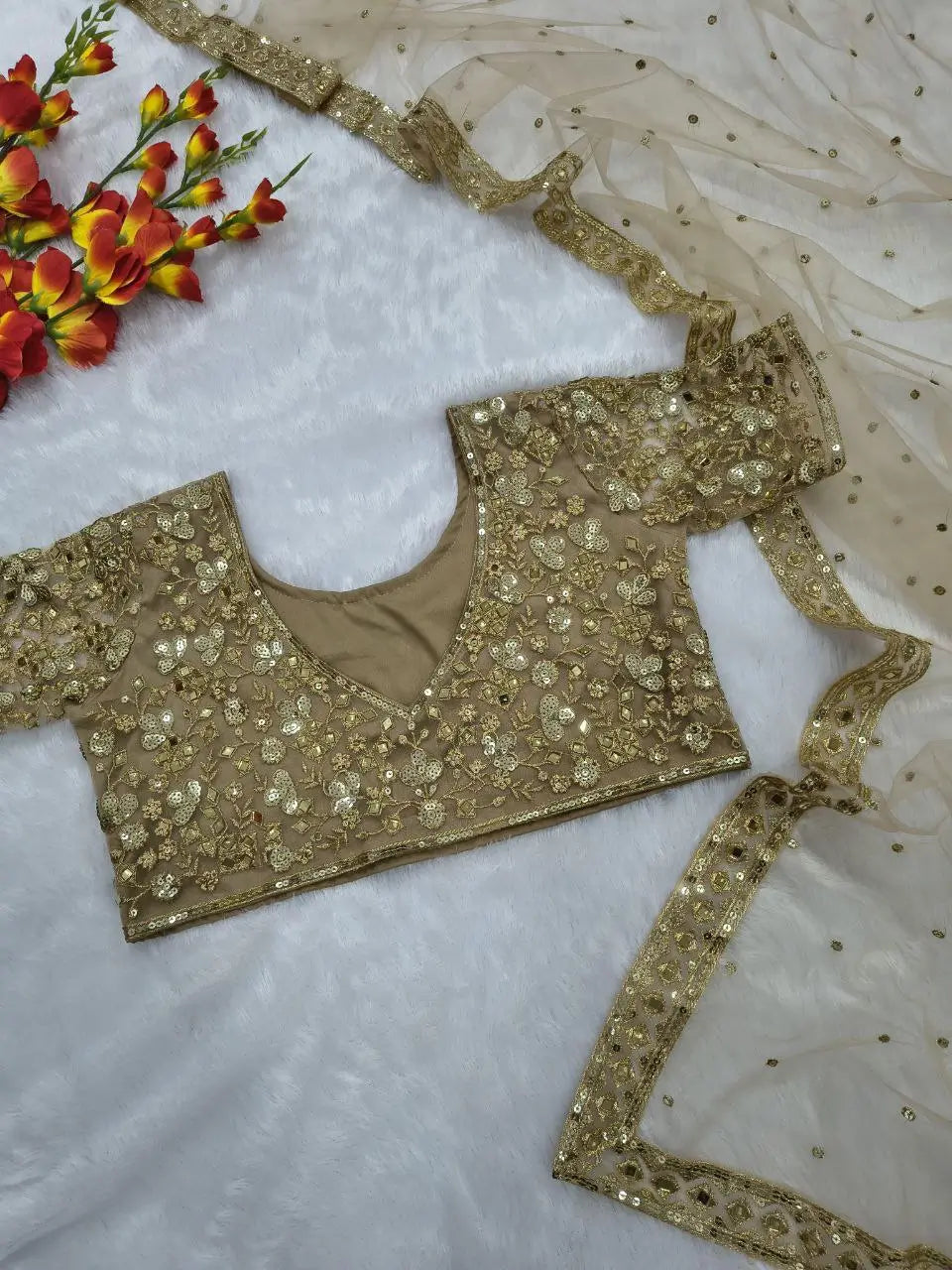 Embroidered Soft Net Saree with Mirror Work Blouse