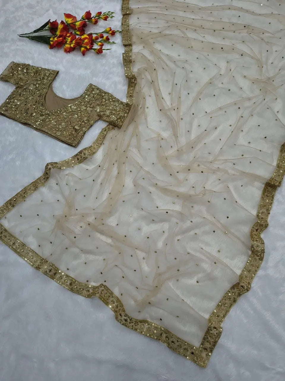 Embroidered Soft Net Saree with Mirror Work Blouse
