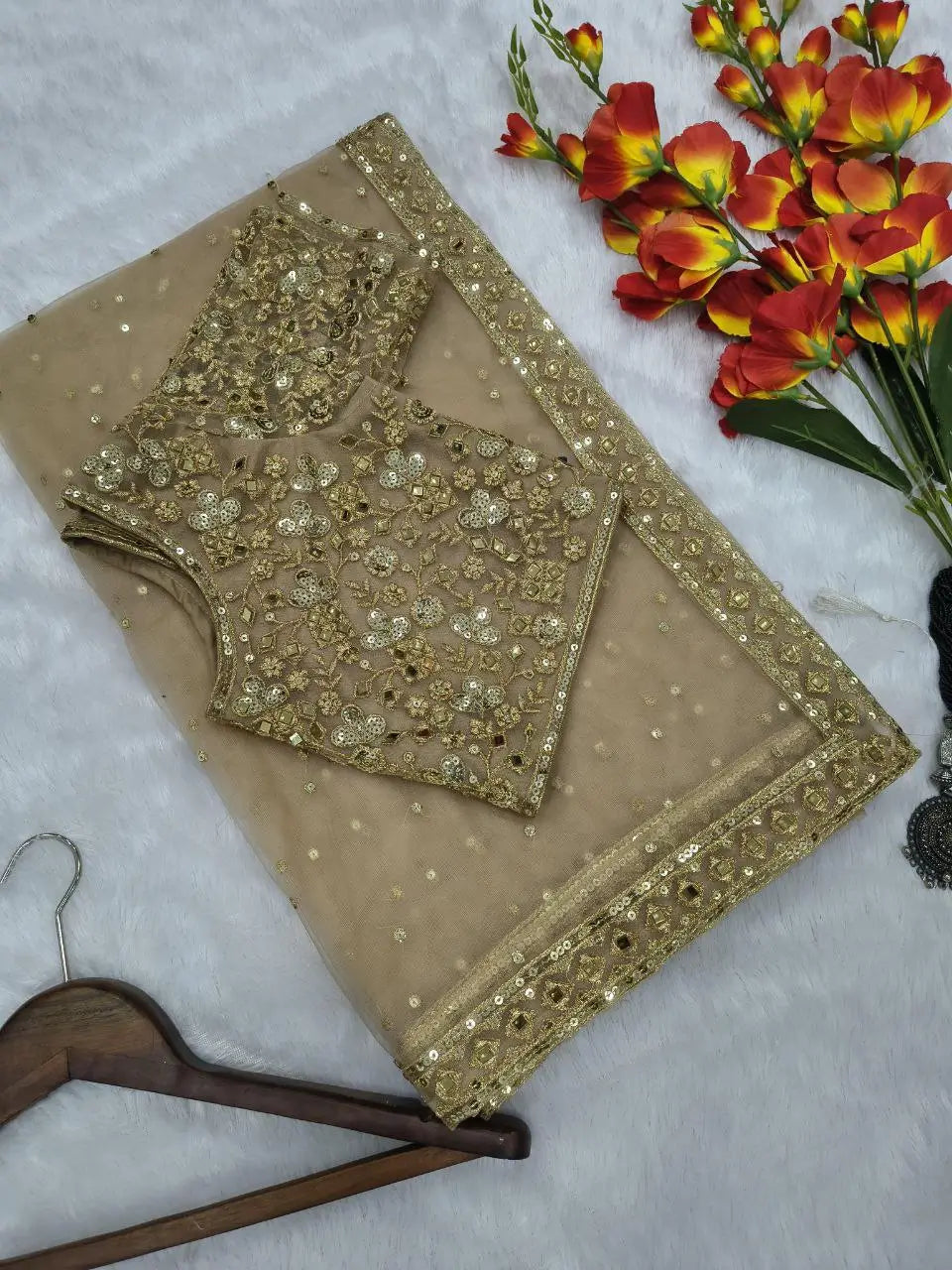 Embroidered Soft Net Saree with Mirror Work Blouse