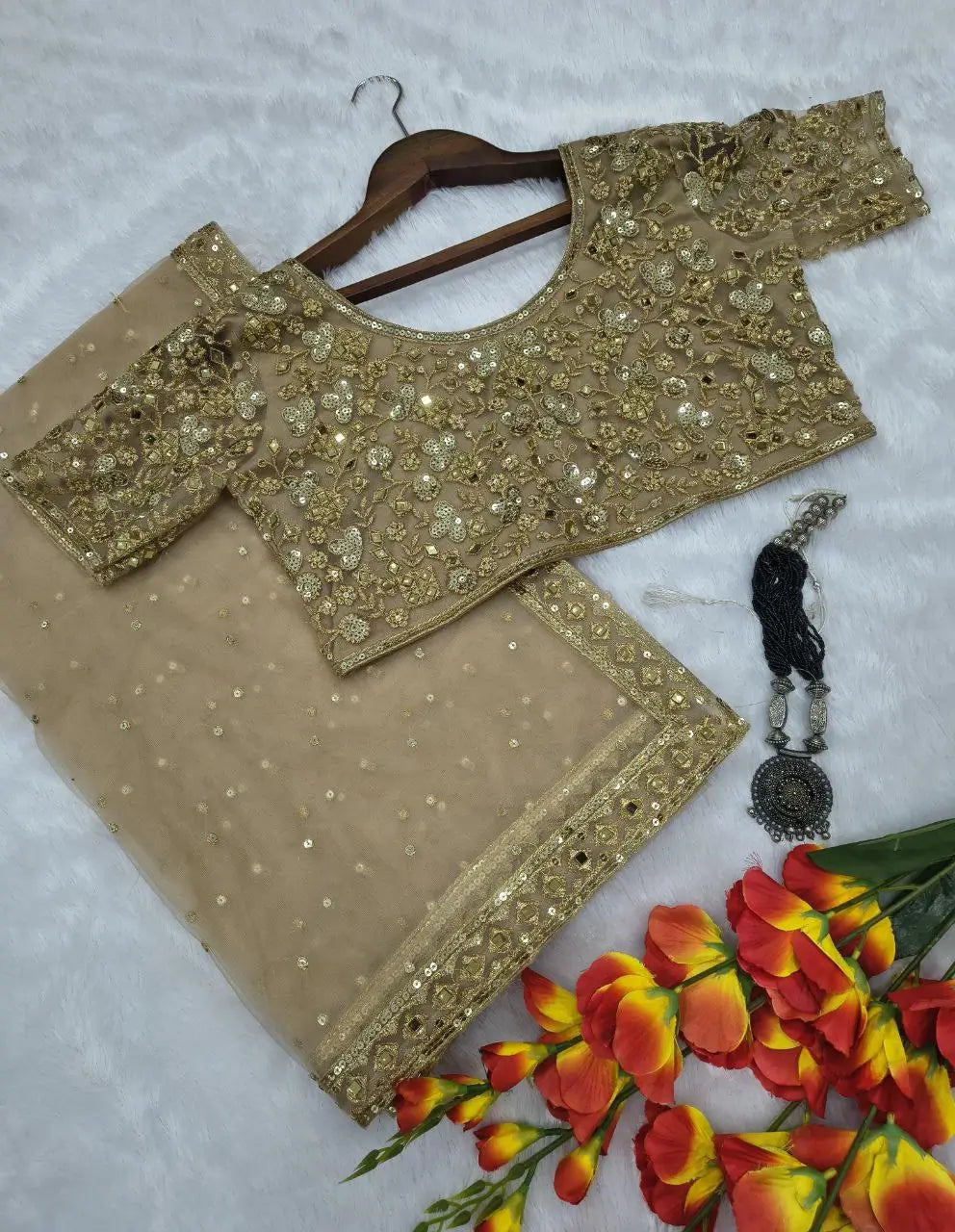 Embroidered Soft Net Saree with Mirror Work Blouse