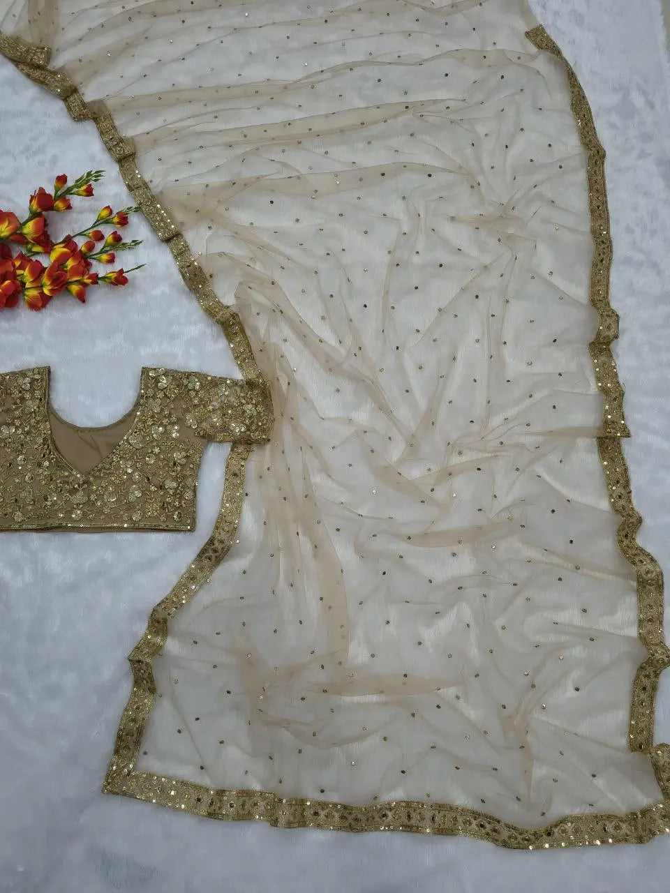 Embroidered Soft Net Saree with Mirror Work Blouse