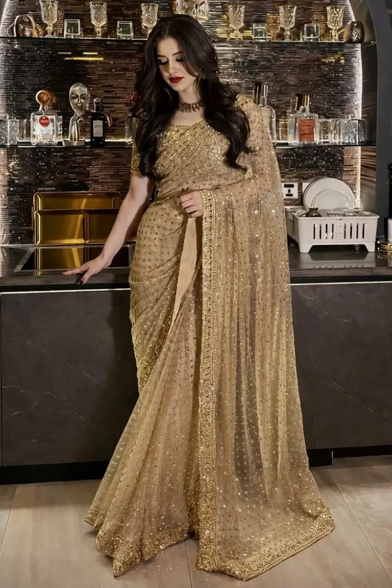 Embroidered Soft Net Saree with Mirror Work Blouse