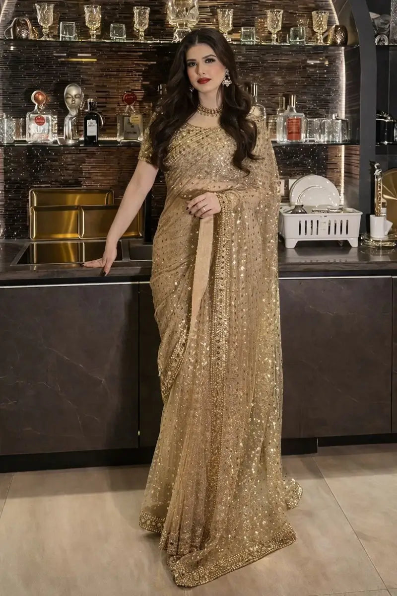 Embroidered Soft Net Saree with Mirror Work Blouse