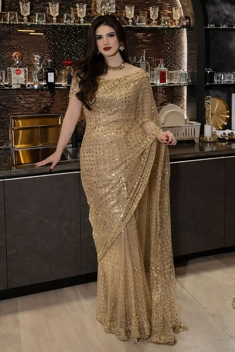 Embroidered Soft Net Saree with Mirror Work Blouse