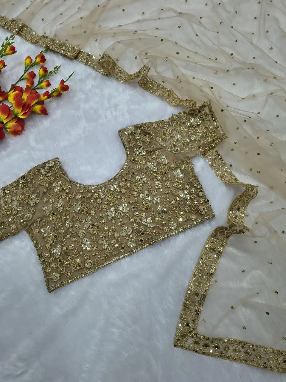 Embroidered Soft Net Saree with Mirror Work Blouse