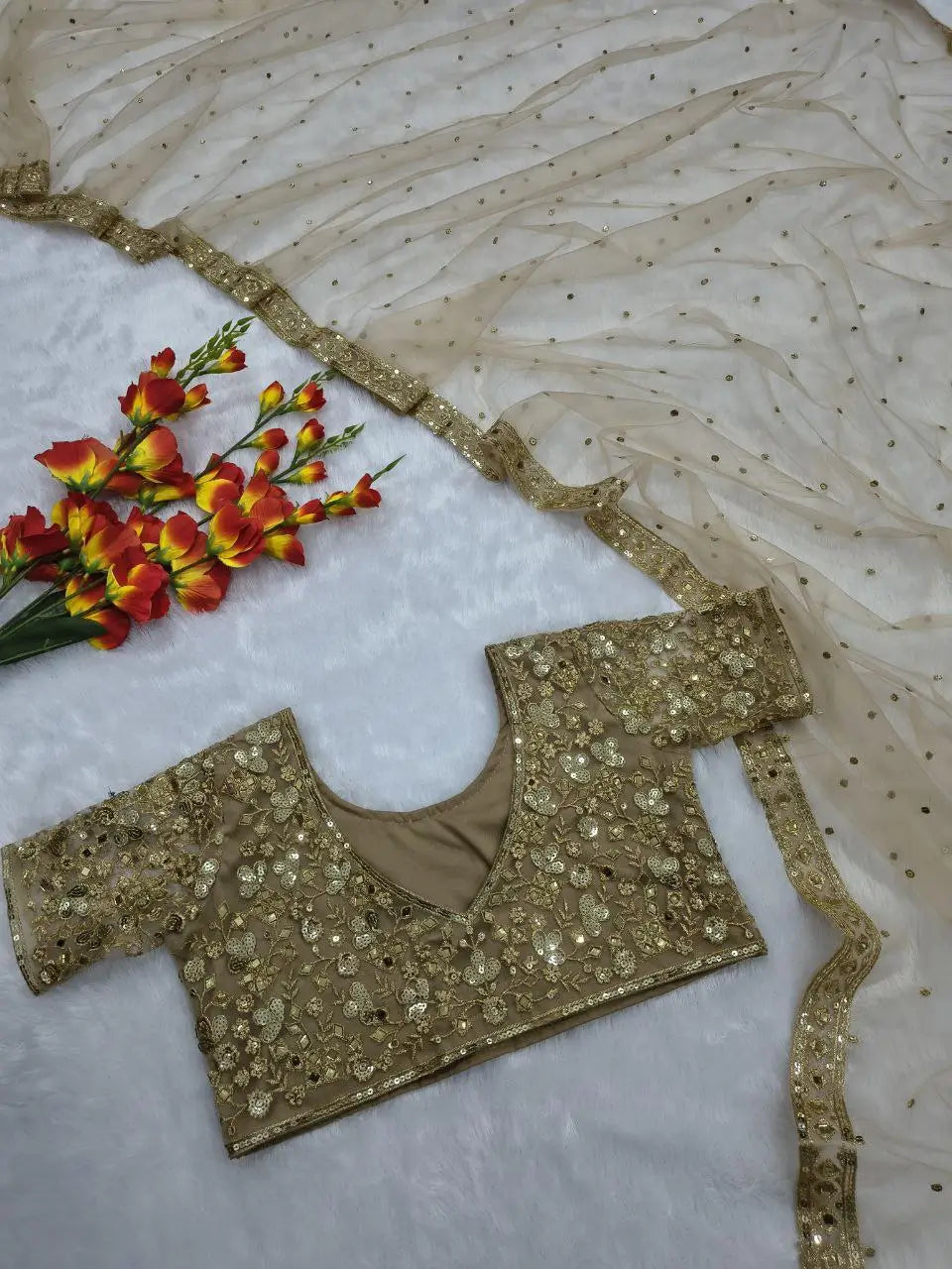 Embroidered Soft Net Saree with Mirror Work Blouse