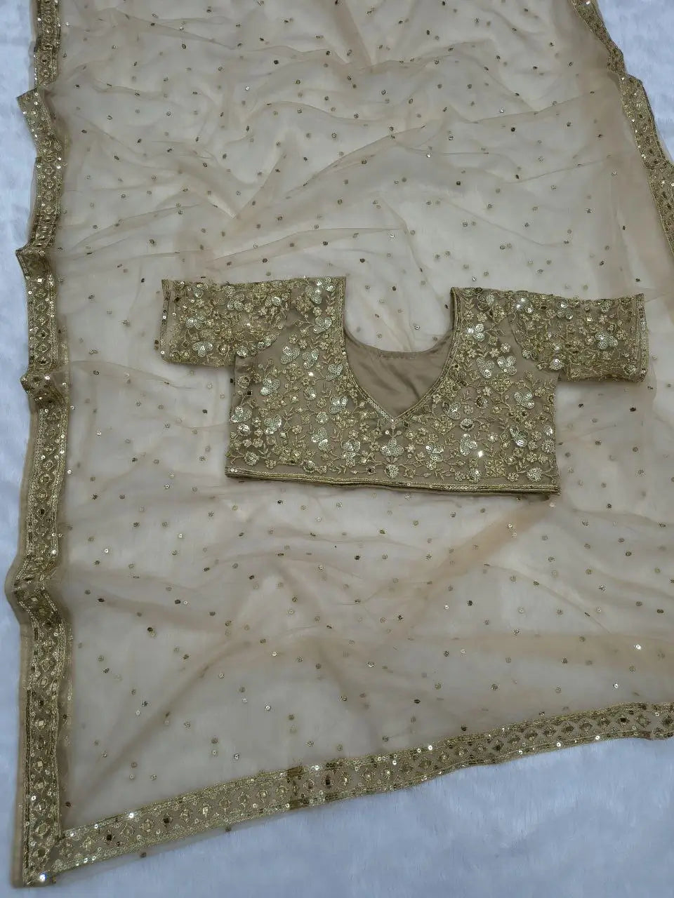Embroidered Soft Net Saree with Mirror Work Blouse