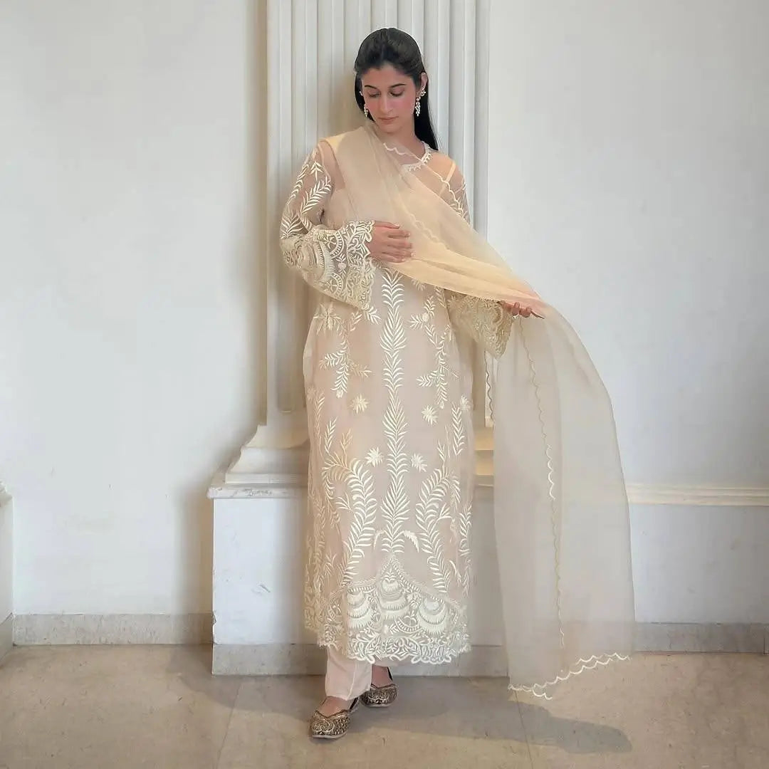 Embroidered Soft Net Suit with Silk Pants and Dupatta