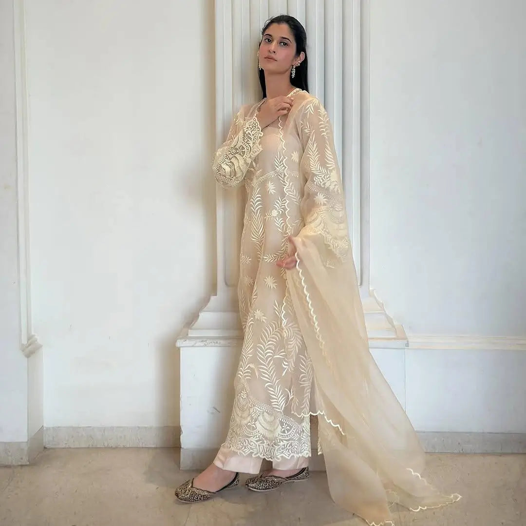 Embroidered Soft Net Suit with Silk Pants and Dupatta
