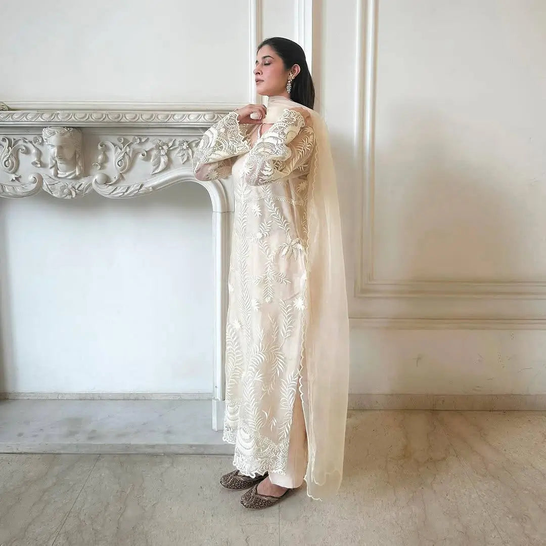 Embroidered Soft Net Suit with Silk Pants and Dupatta