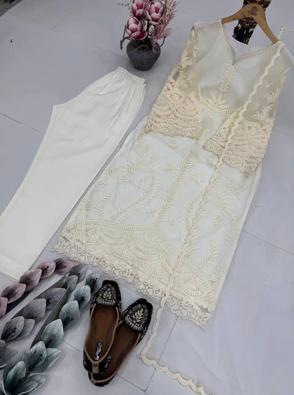 Embroidered Soft Net Suit with Silk Pants and Dupatta