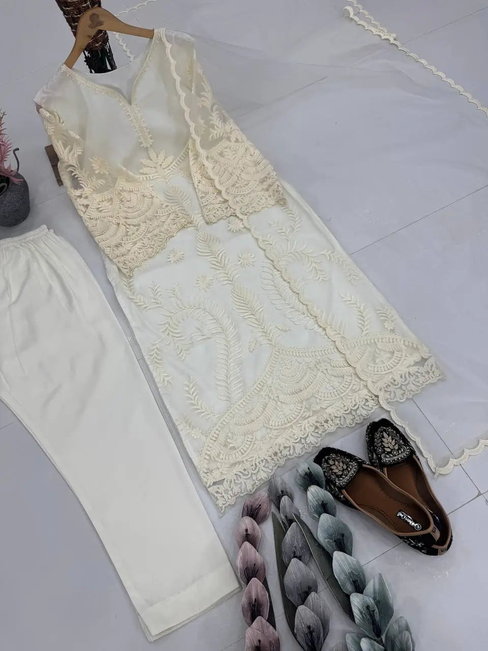 Embroidered Soft Net Suit with Silk Pants and Dupatta