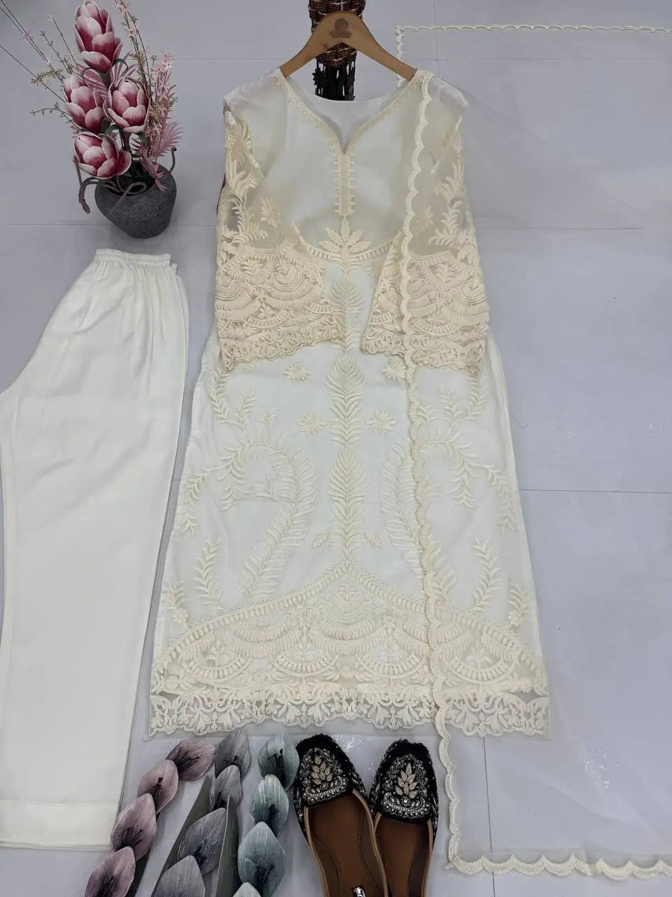 Embroidered Soft Net Suit with Silk Pants and Dupatta
