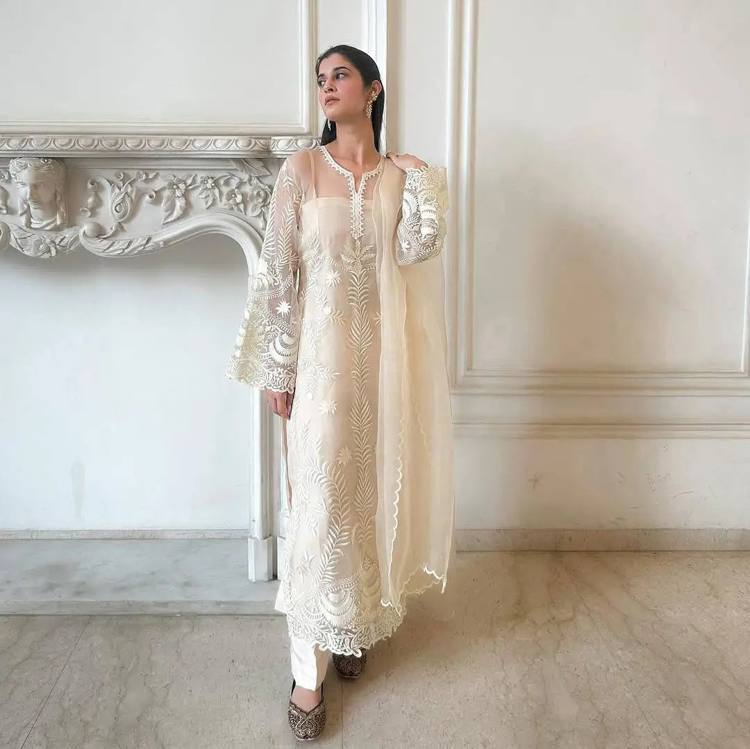 Embroidered Soft Net Suit with Silk Pants and Dupatta