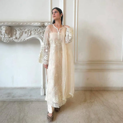 Embroidered Soft Net Suit with Silk Pants and Dupatta