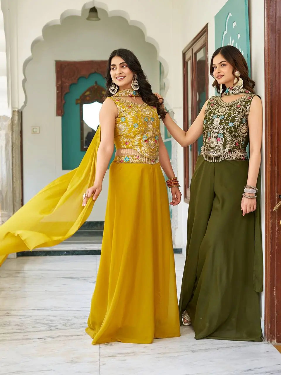 Embroidered Star Georgette Blouse Palazzo Set