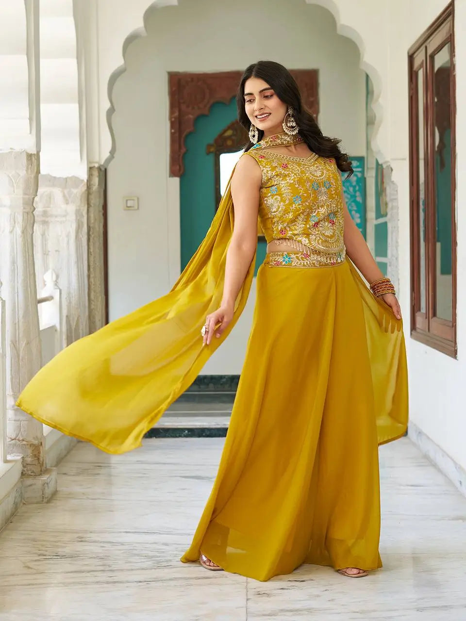 Embroidered Star Georgette Blouse Palazzo Set