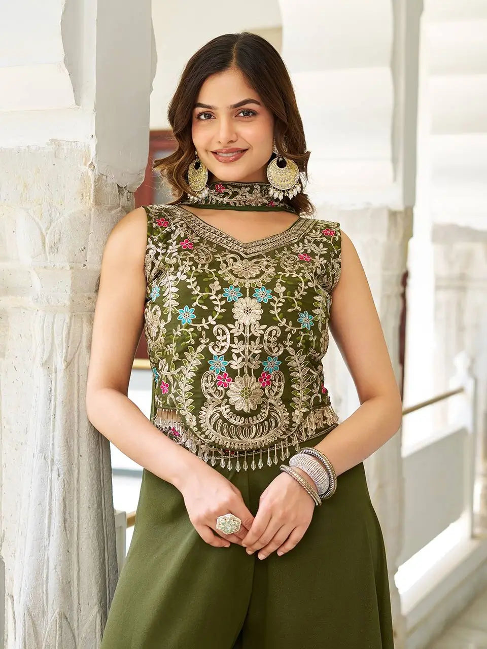 Embroidered Star Georgette Blouse Palazzo Set