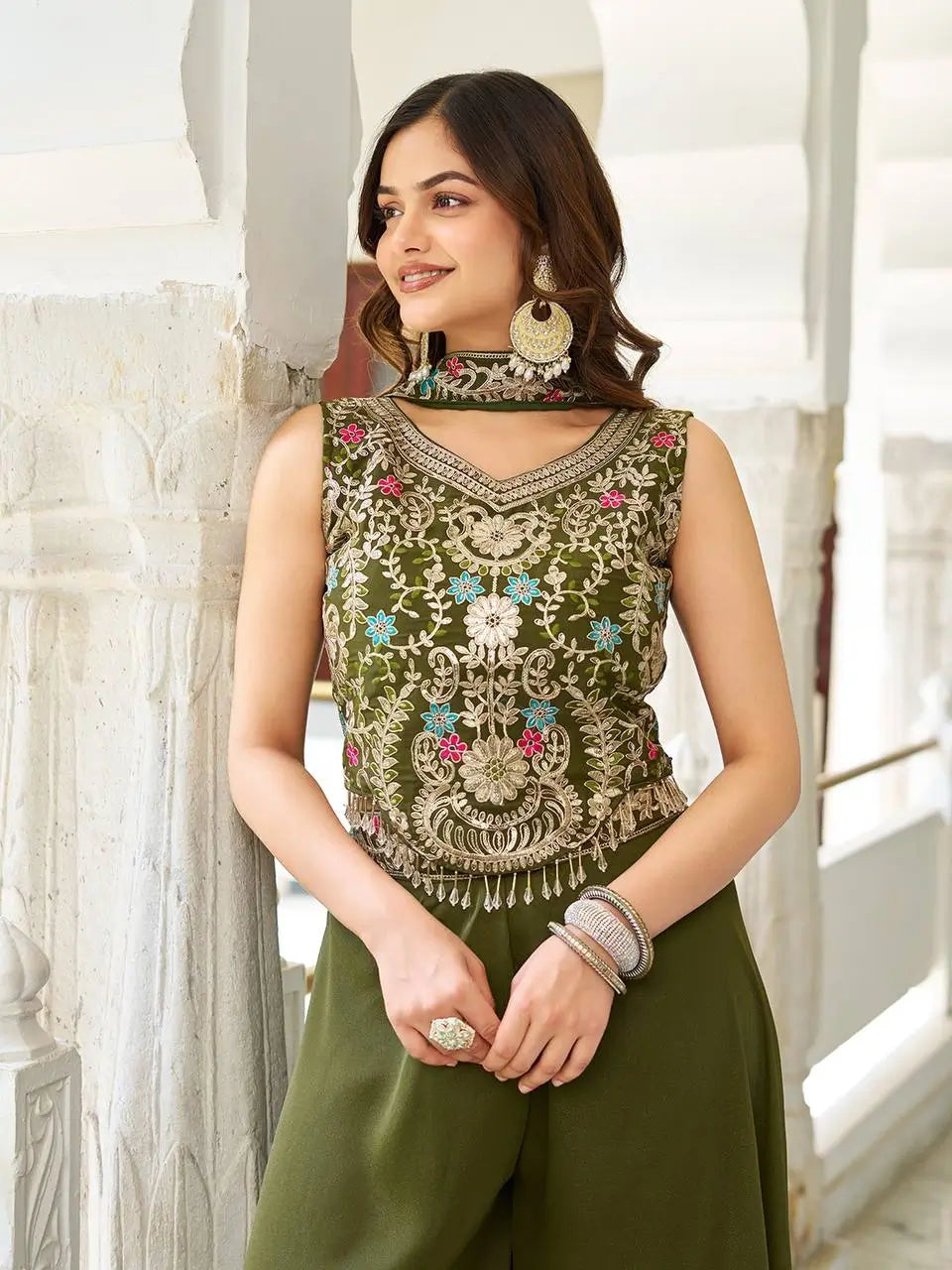 Embroidered Star Georgette Blouse Palazzo Set