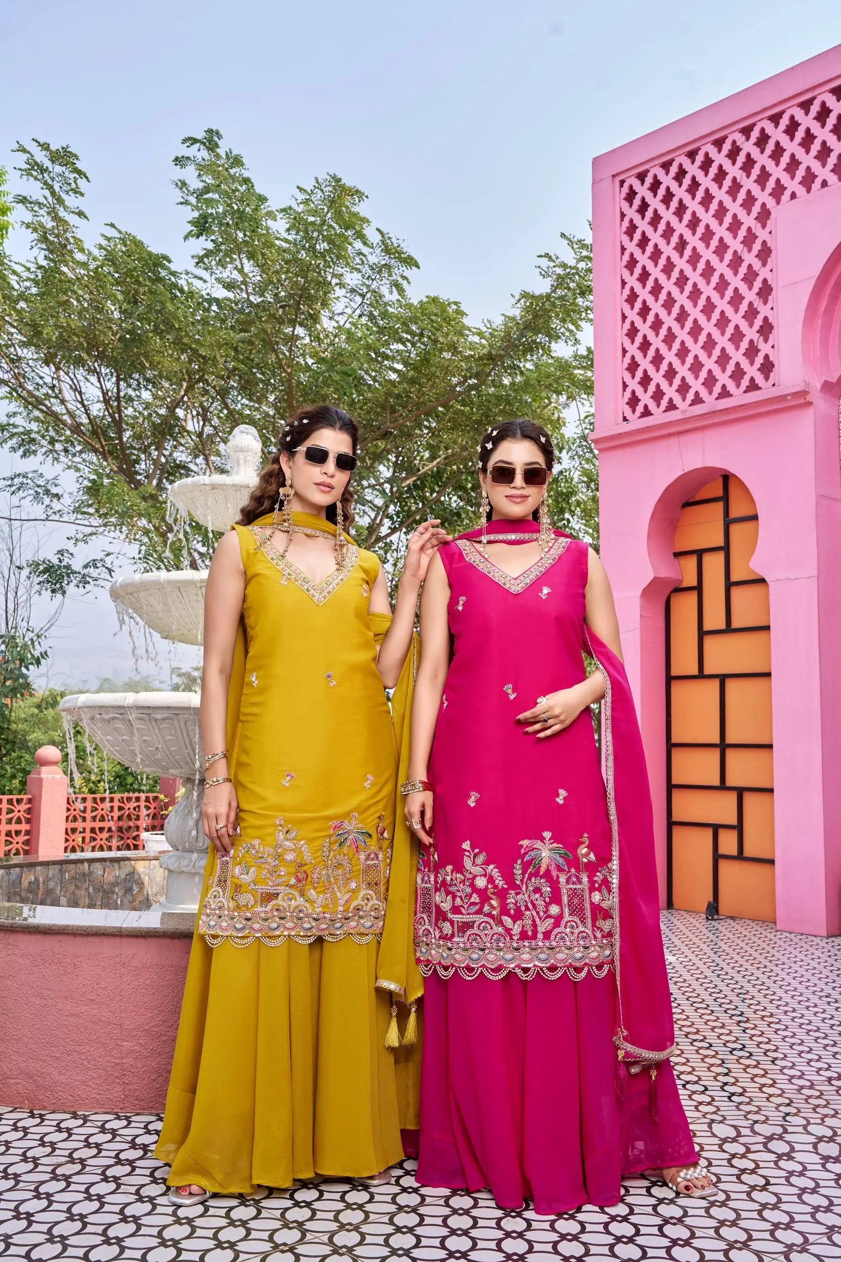 Embroidered Star Georgette Kurti Palazzo Set with Dupatta