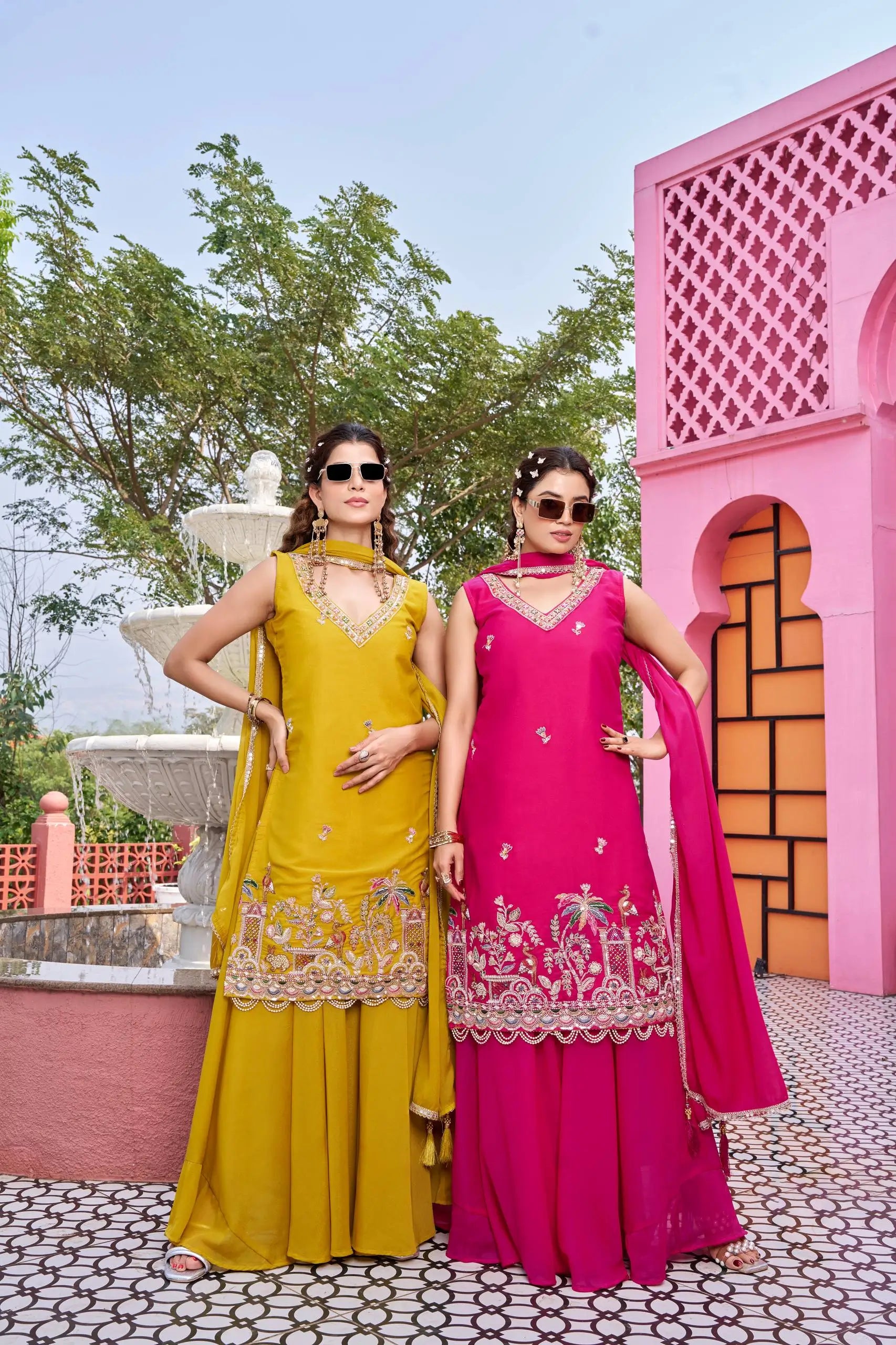 Embroidered Star Georgette Kurti Palazzo Set with Dupatta
