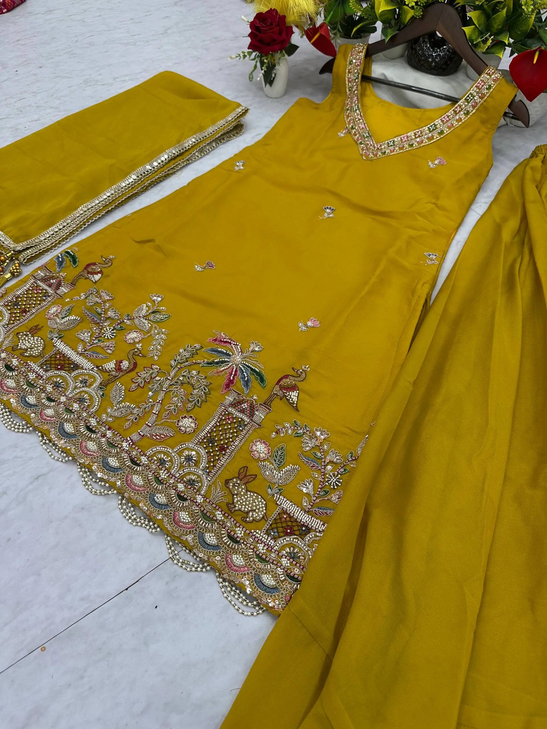 Embroidered Star Georgette Kurti Palazzo Set with Dupatta
