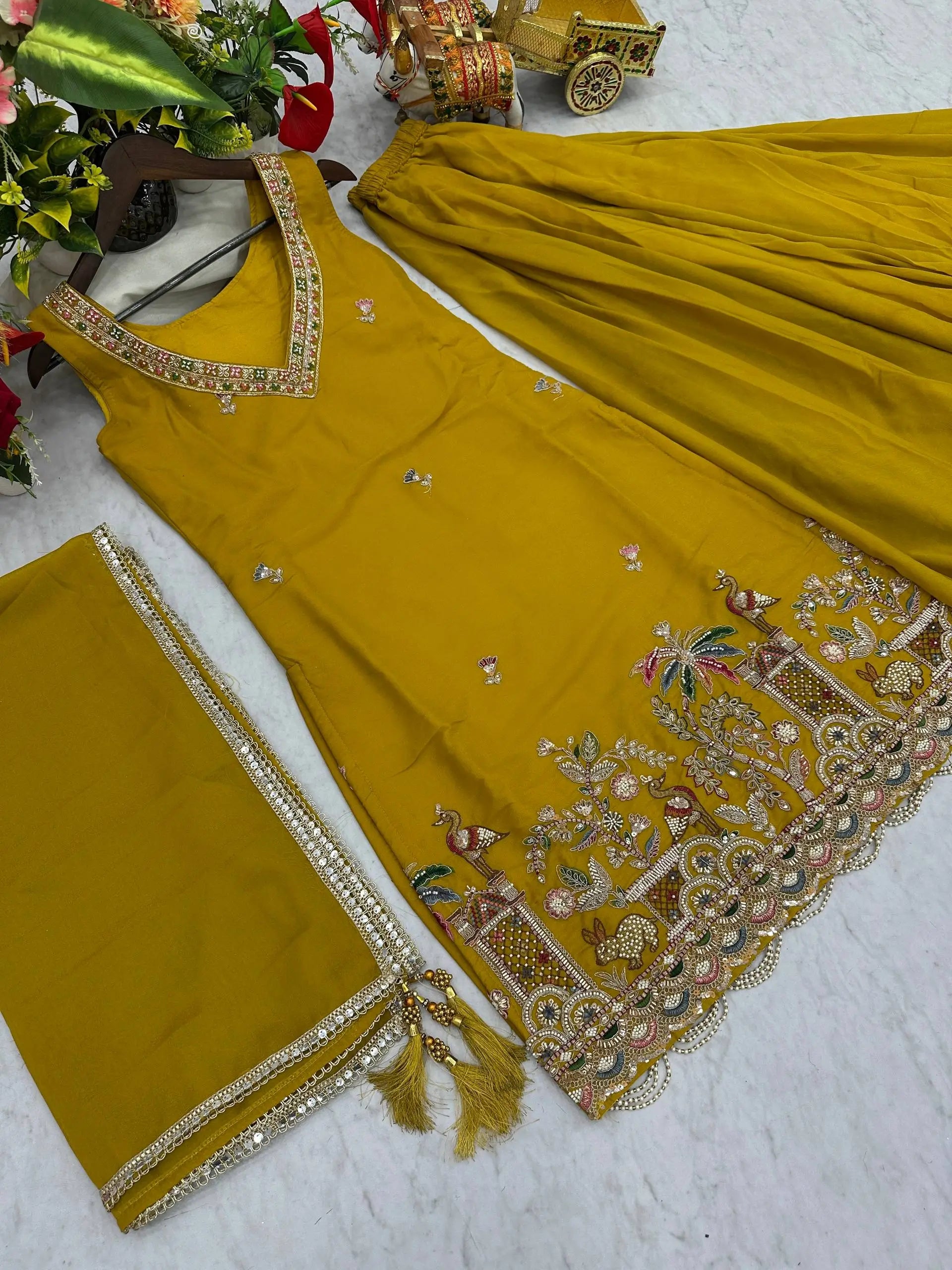 Embroidered Star Georgette Kurti Palazzo Set with Dupatta