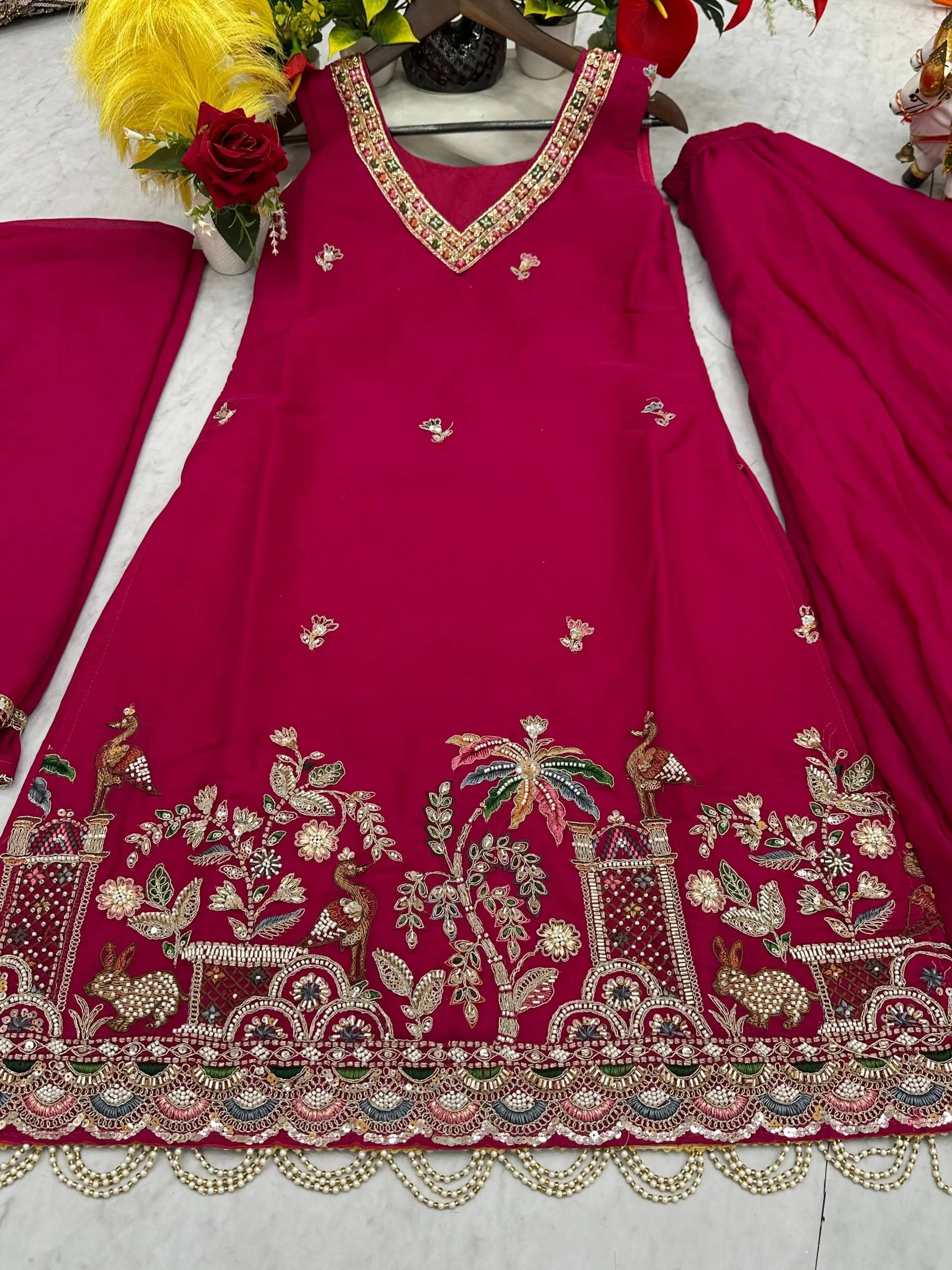 Embroidered Star Georgette Kurti Palazzo Set with Dupatta