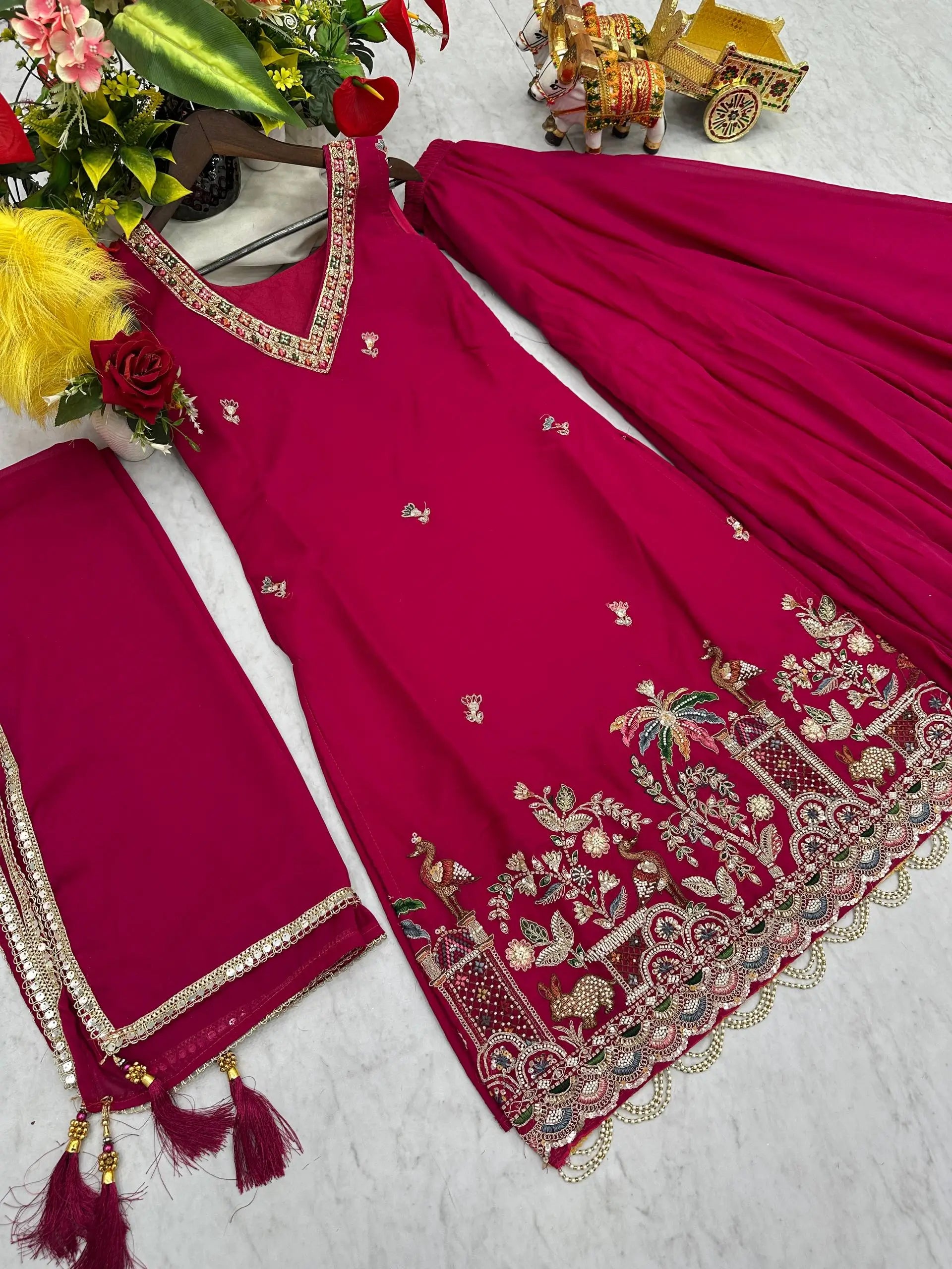 Embroidered Star Georgette Kurti Palazzo Set with Dupatta