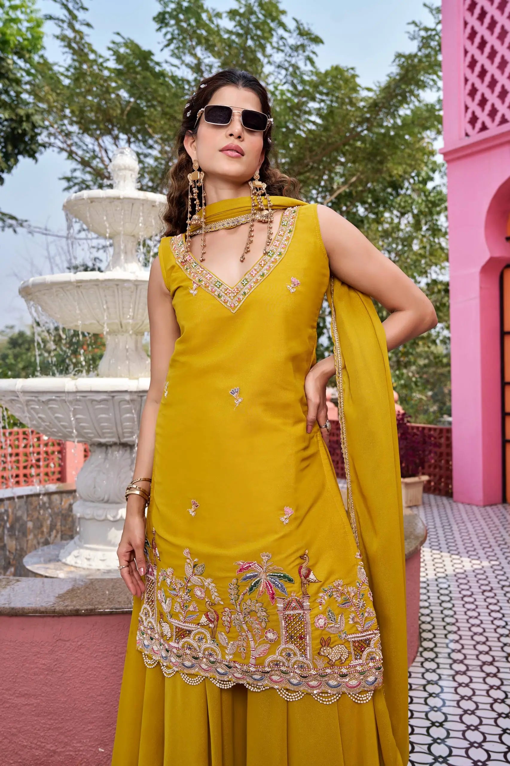 Embroidered Star Georgette Kurti Palazzo Set with Dupatta