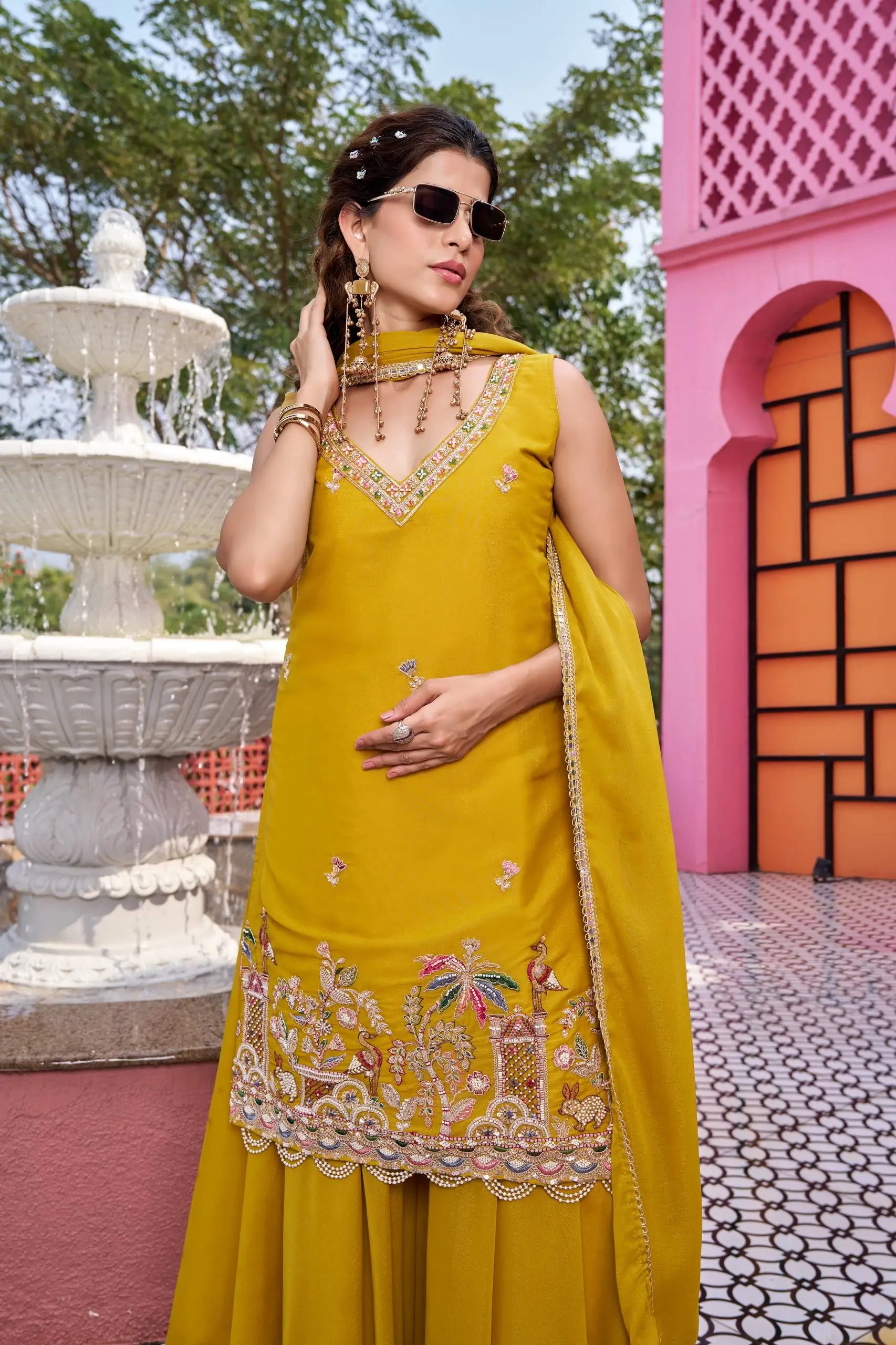 Embroidered Star Georgette Kurti Palazzo Set with Dupatta