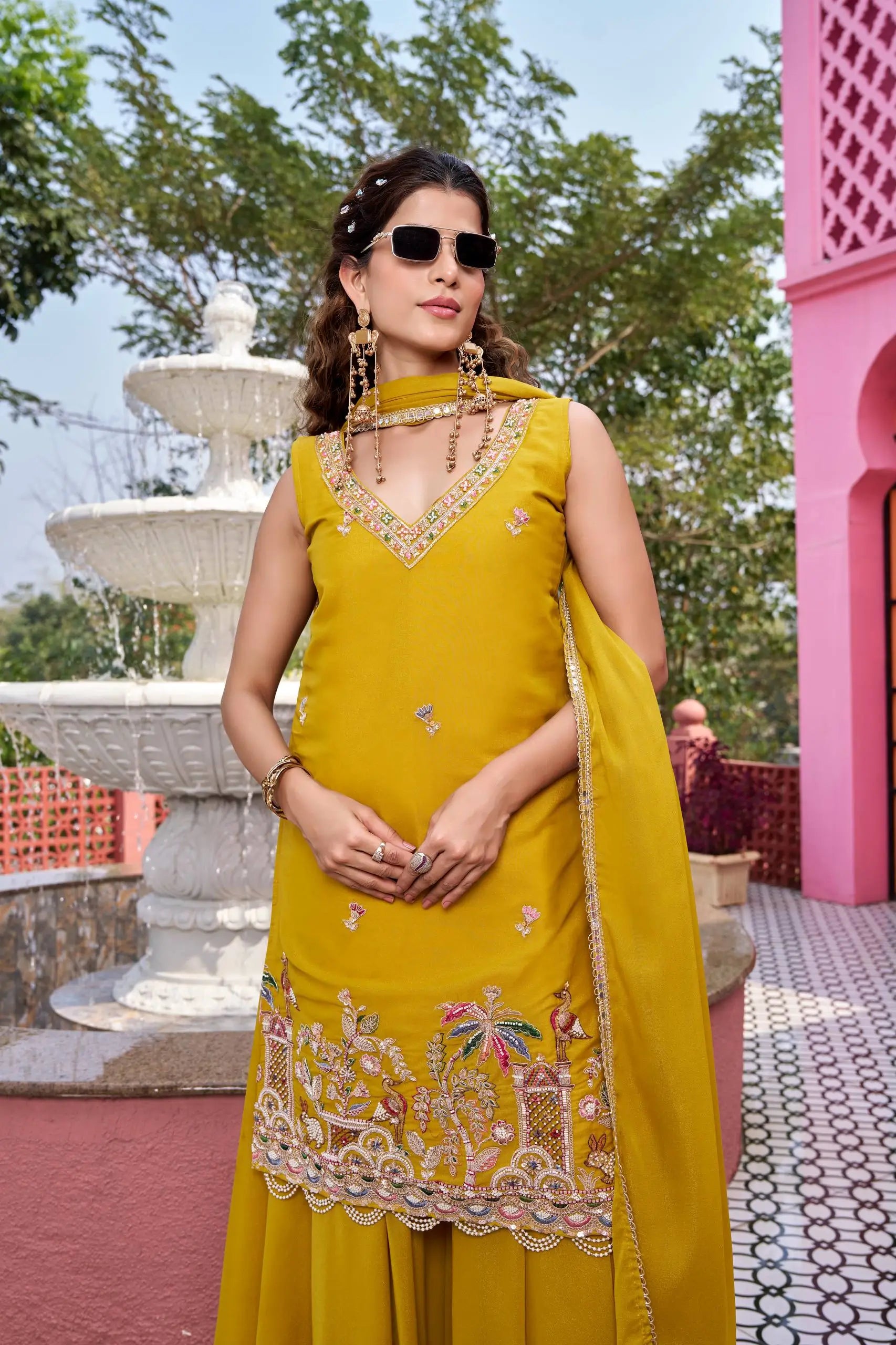 Embroidered Star Georgette Kurti Palazzo Set with Dupatta