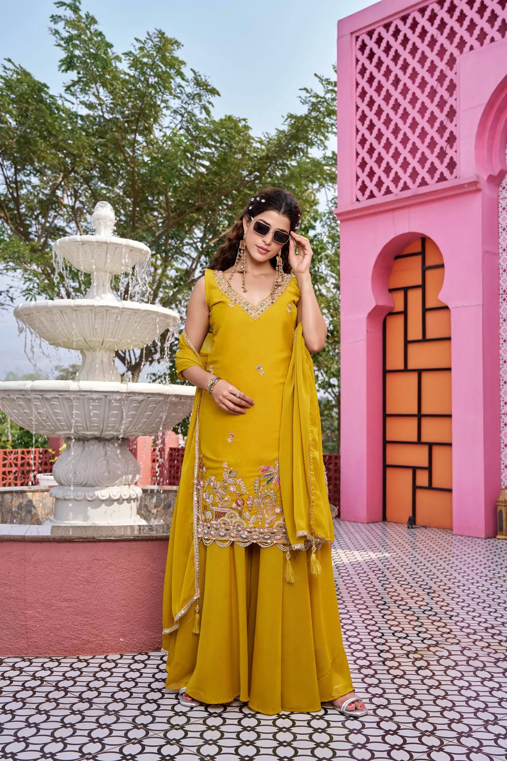 Embroidered Star Georgette Kurti Palazzo Set with Dupatta