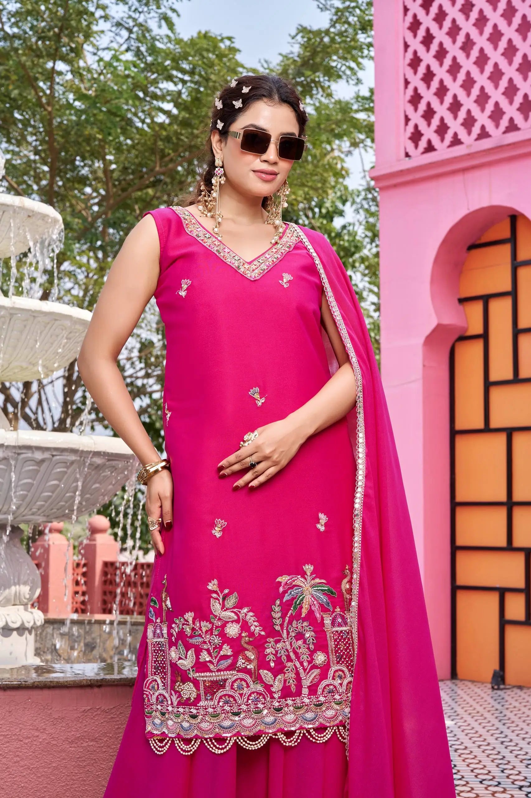Embroidered Star Georgette Kurti Palazzo Set with Dupatta