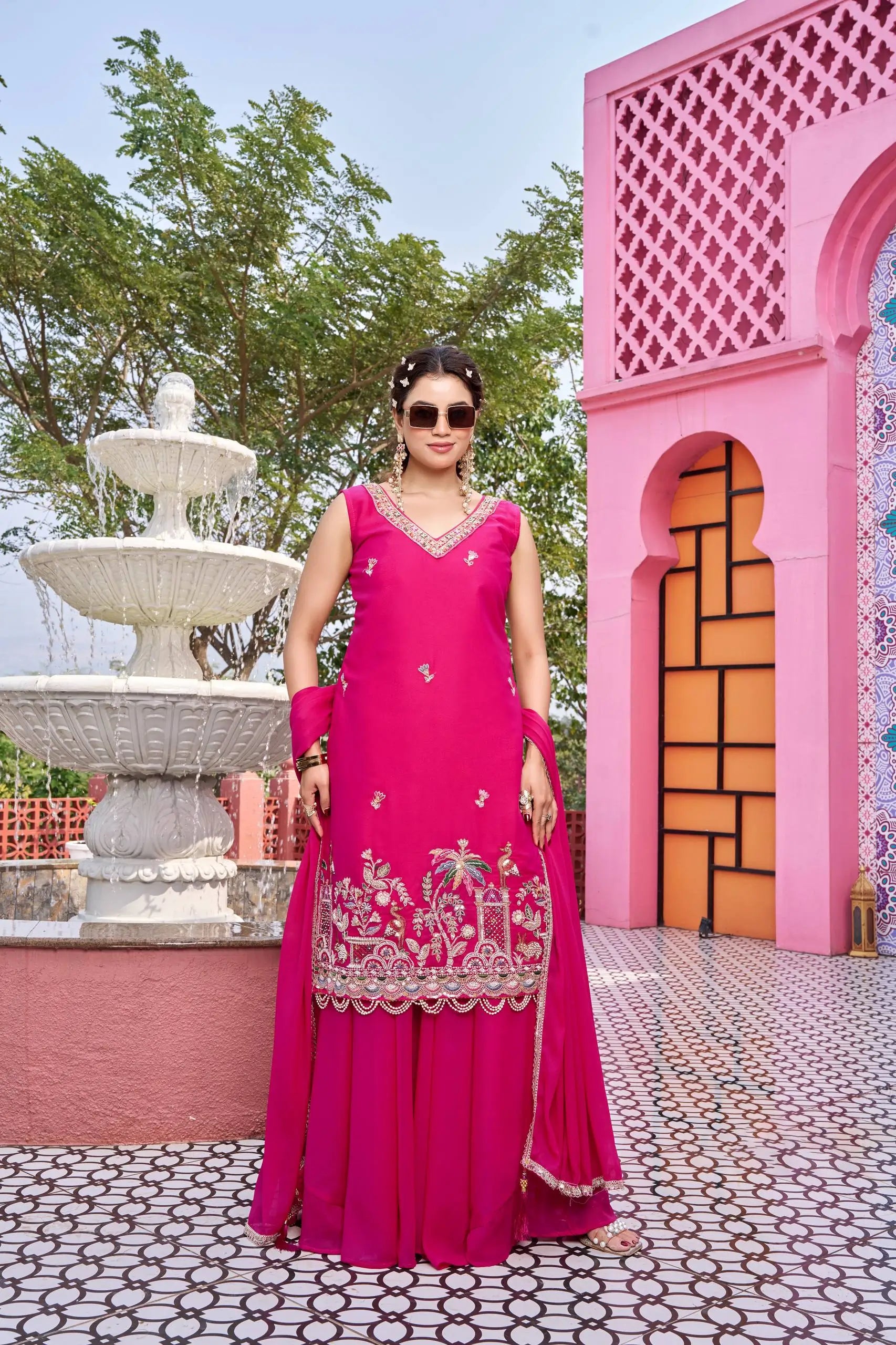 Embroidered Star Georgette Kurti Palazzo Set with Dupatta