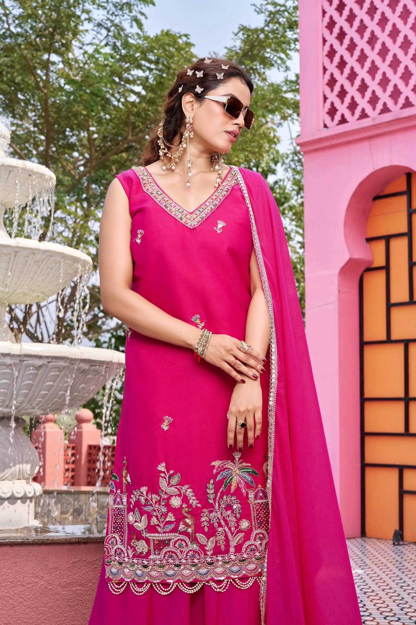 Embroidered Star Georgette Kurti Palazzo Set with Dupatta