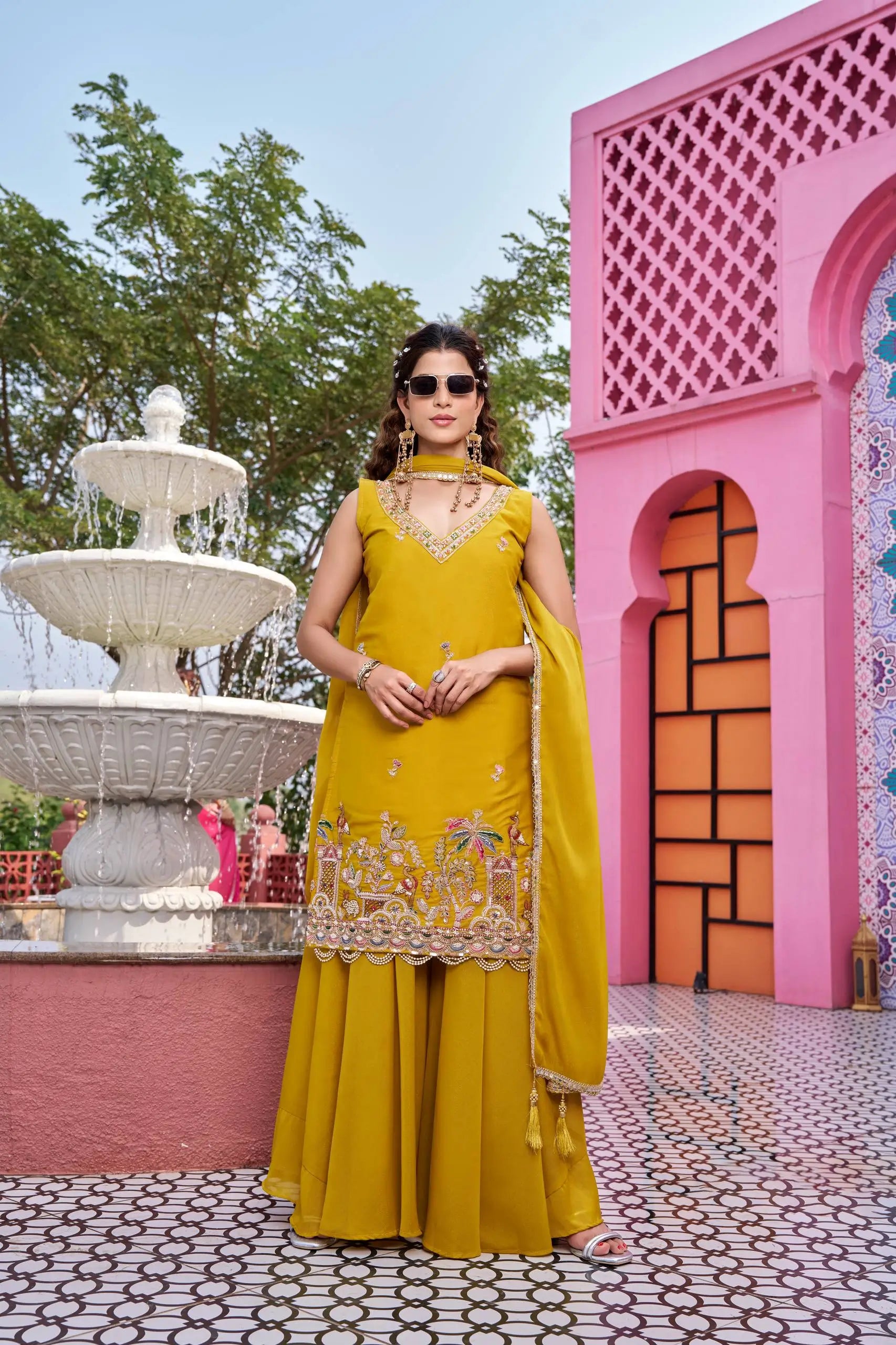 Embroidered Star Georgette Kurti Palazzo Set with Dupatta