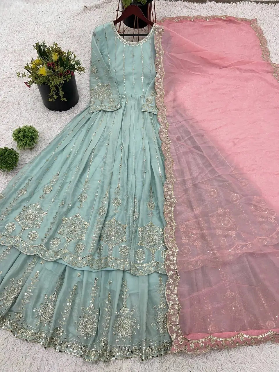 Embroidered Star Georgette Lehenga Suit Set