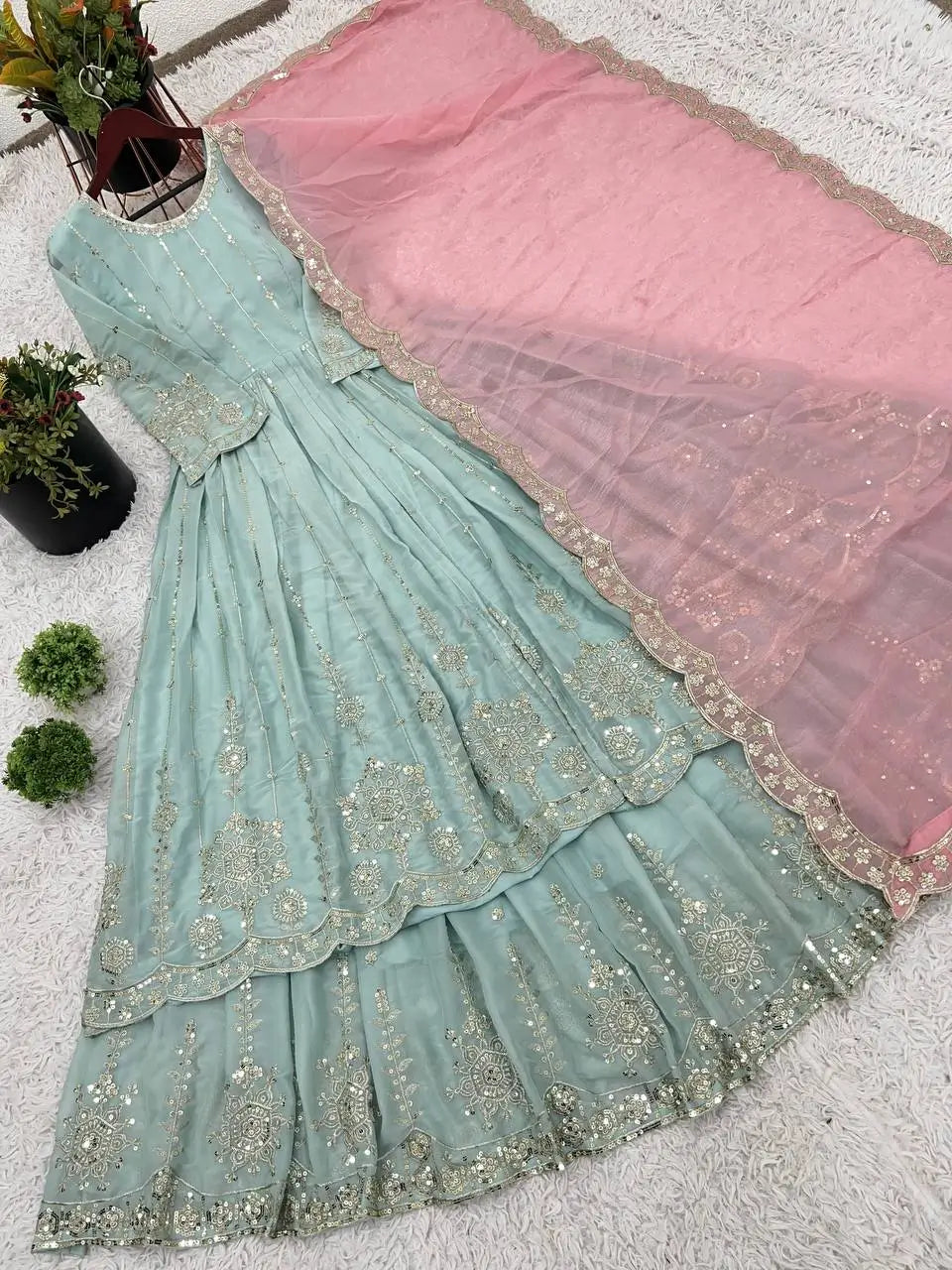 Embroidered Star Georgette Lehenga Suit Set