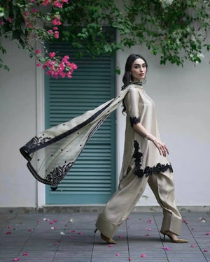 Embroidered Star Georgette Suit Set with Farshi Pant and Dupatta